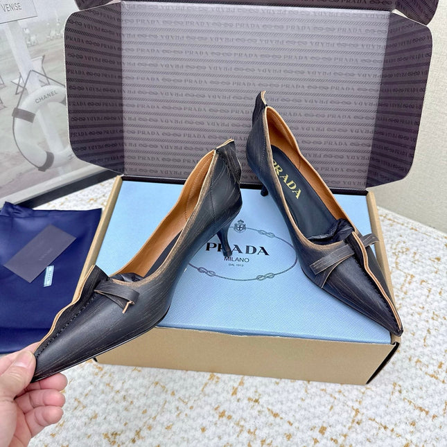 PRADA 26S ANTIQUED LEATHER PUMPS 55MM IN BLACK CALFSKIN