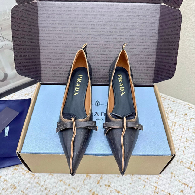 PRADA 26S ANTIQUED LEATHER PUMPS 55MM IN BLACK CALFSKIN
