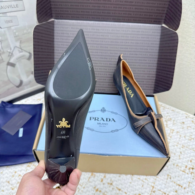 PRADA 26S ANTIQUED LEATHER PUMPS 55MM IN BLACK CALFSKIN