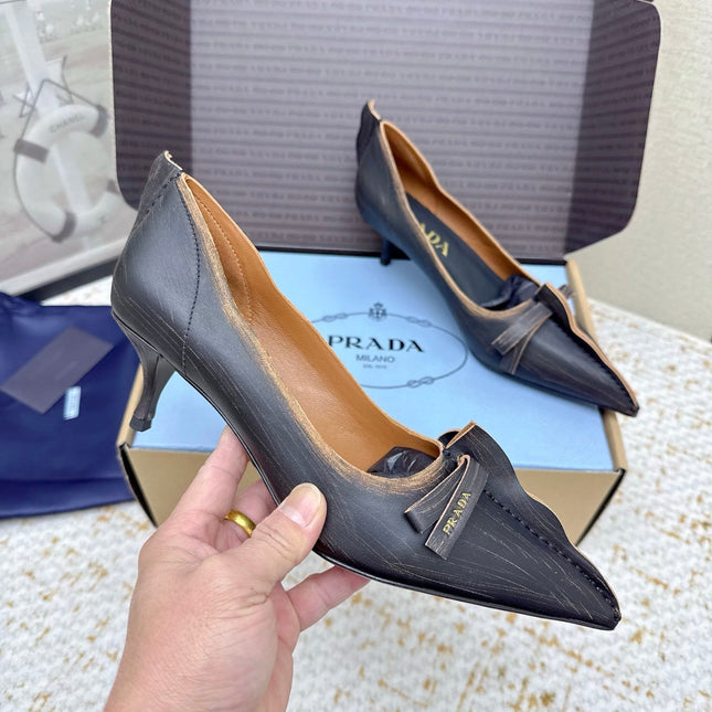 PRADA 26S ANTIQUED LEATHER PUMPS 55MM IN BLACK CALFSKIN
