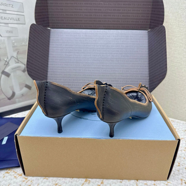 PRADA 26S ANTIQUED LEATHER PUMPS 55MM IN BLACK CALFSKIN