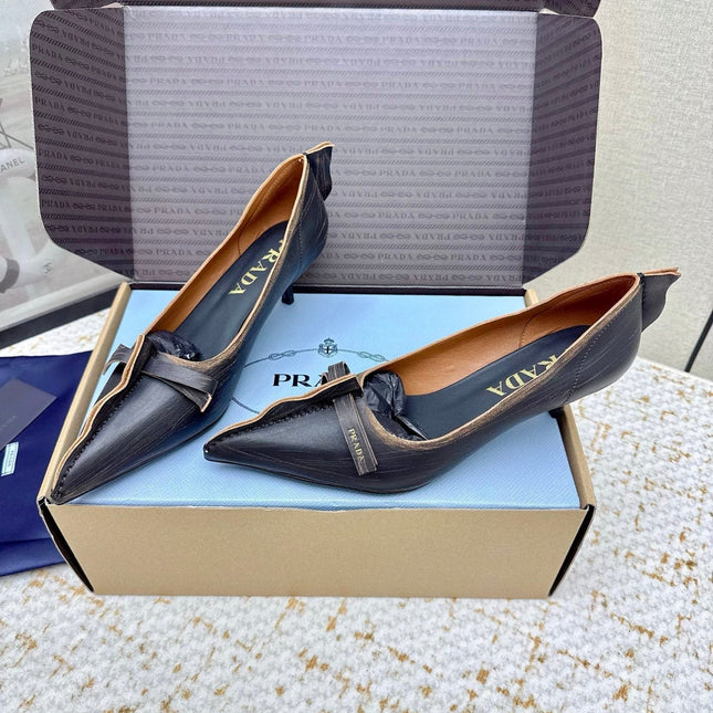 PRADA 26S ANTIQUED LEATHER PUMPS 55MM IN BLACK CALFSKIN