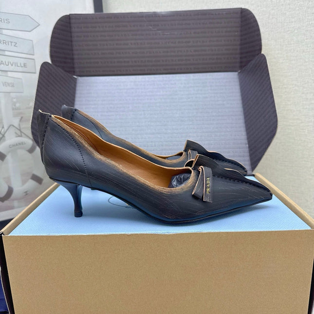 PRADA 26S ANTIQUED LEATHER PUMPS 55MM IN BLACK CALFSKIN