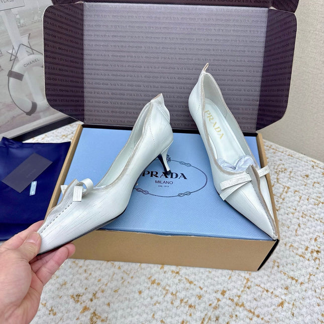PRADA 26S ANTIQUED LEATHER PUMPS 55MM IN CREAM WHITE CALFSKIN