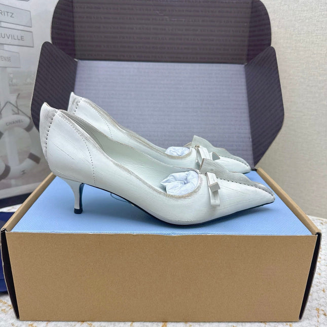 PRADA 26S ANTIQUED LEATHER PUMPS 55MM IN CREAM WHITE CALFSKIN