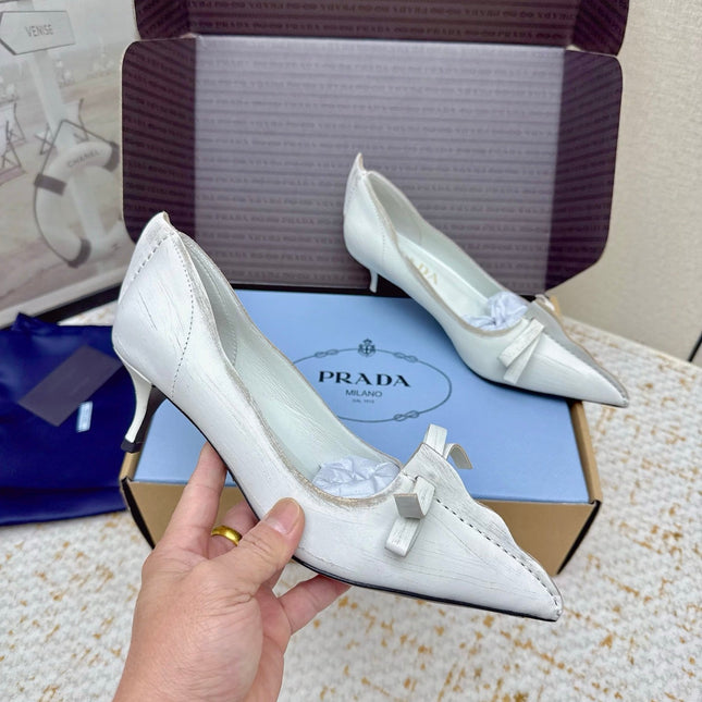 PRADA 26S ANTIQUED LEATHER PUMPS 55MM IN CREAM WHITE CALFSKIN