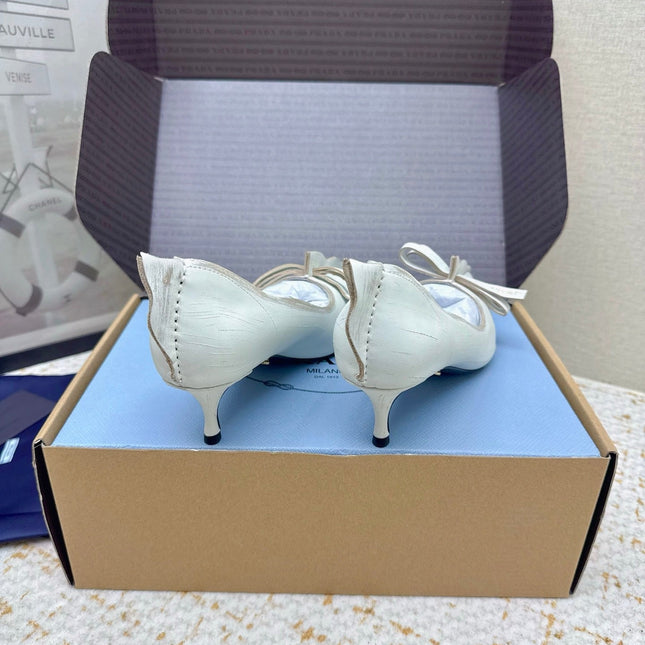 PRADA 26S ANTIQUED LEATHER PUMPS 55MM IN CREAM WHITE CALFSKIN