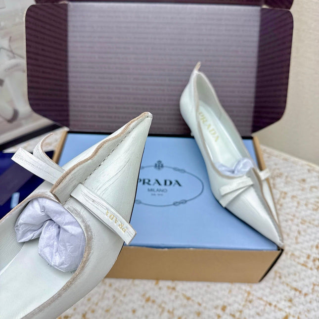 PRADA 26S ANTIQUED LEATHER PUMPS 55MM IN CREAM WHITE CALFSKIN