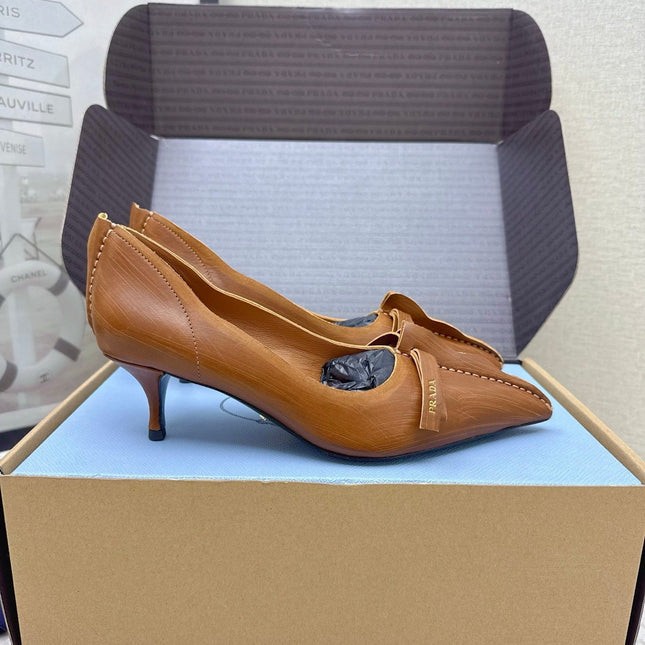 PRADA 26S ANTIQUED LEATHER PUMPS 55MM IN TAN BROWN CALFSKIN