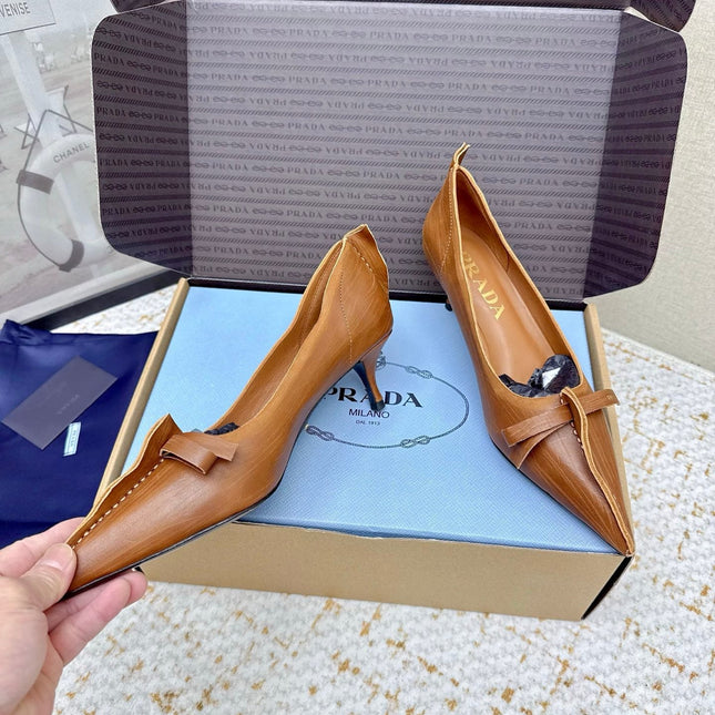 PRADA 26S ANTIQUED LEATHER PUMPS 55MM IN TAN BROWN CALFSKIN