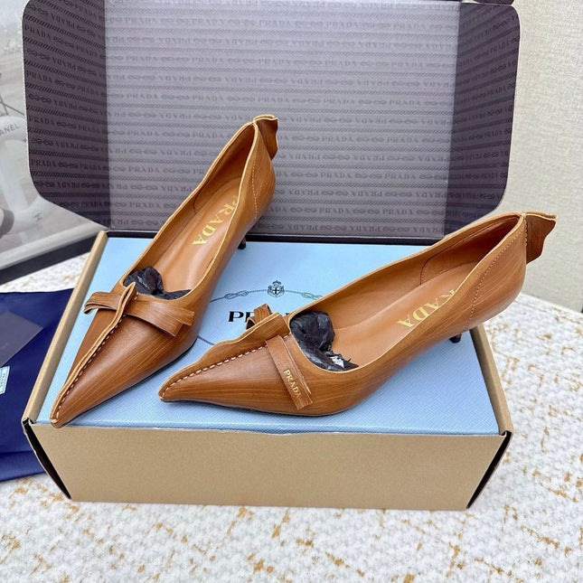 PRADA 26S ANTIQUED LEATHER PUMPS 55MM IN TAN BROWN CALFSKIN