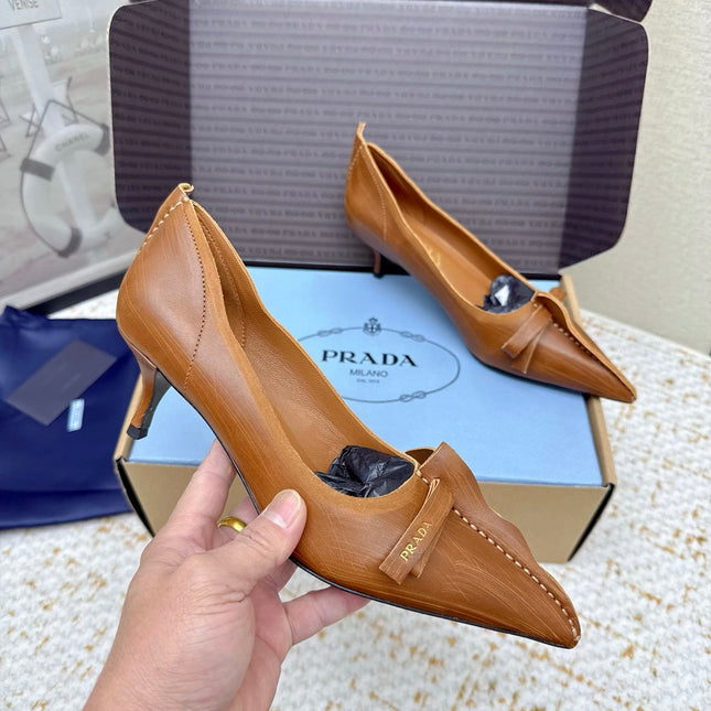 PRADA 26S ANTIQUED LEATHER PUMPS 55MM IN TAN BROWN CALFSKIN