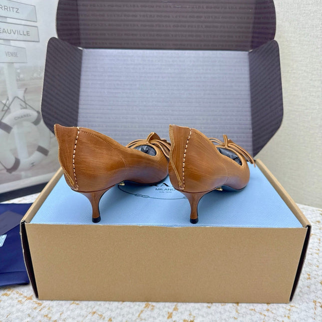 PRADA 26S ANTIQUED LEATHER PUMPS 55MM IN TAN BROWN CALFSKIN