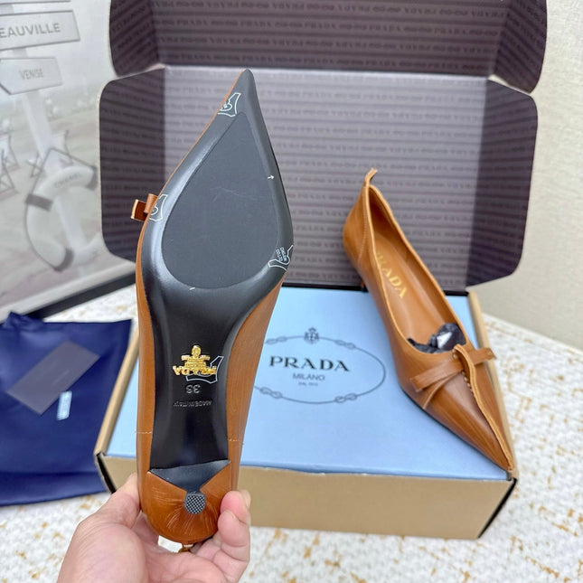 PRADA 26S ANTIQUED LEATHER PUMPS 55MM IN TAN BROWN CALFSKIN