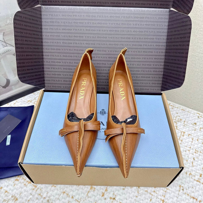 PRADA 26S ANTIQUED LEATHER PUMPS 55MM IN TAN BROWN CALFSKIN