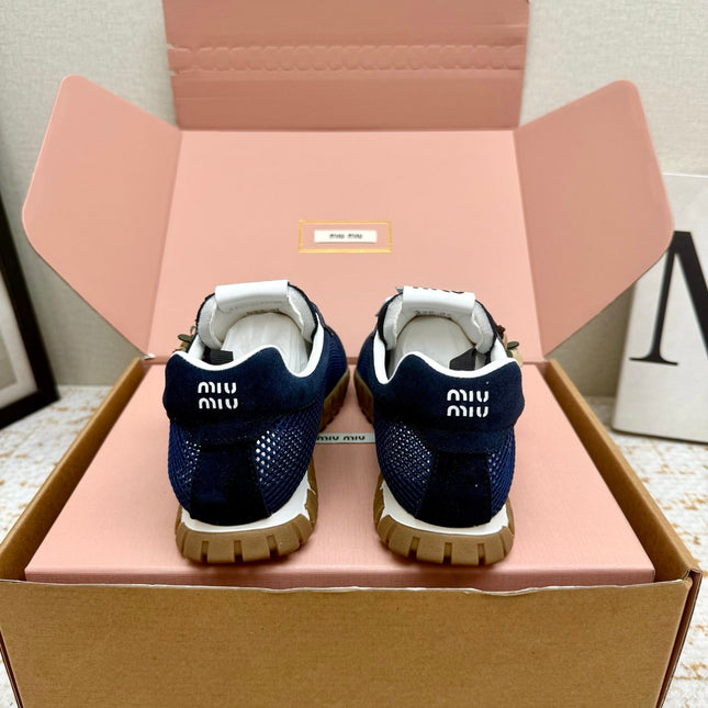 MIUMIU 26S CHARM SNEAKERS IN NAVY BLUE MESH AND SUEDE