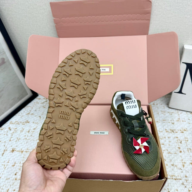 MIUMIU 26S CHARM SNEAKERS IN OLIVE GREEN MESH AND SUEDE