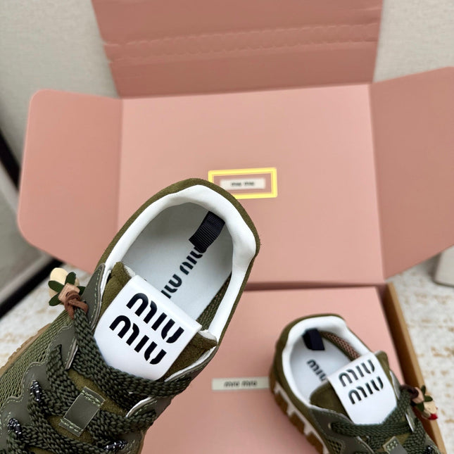 MIUMIU 26S CHARM SNEAKERS IN OLIVE GREEN MESH AND SUEDE