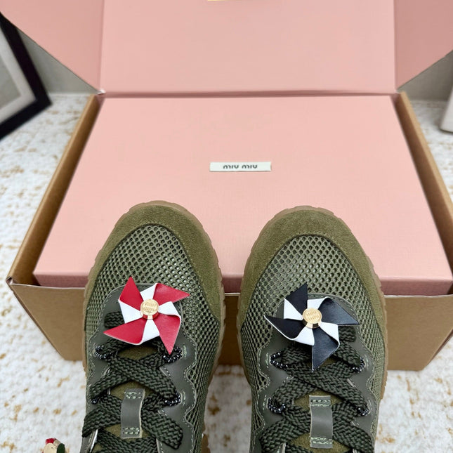 MIUMIU 26S CHARM SNEAKERS IN OLIVE GREEN MESH AND SUEDE