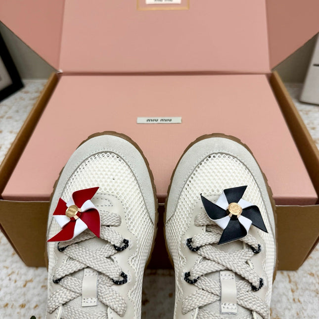 MIUMIU 26S CHARM SNEAKERS IN WHITE MESH AND SUEDE