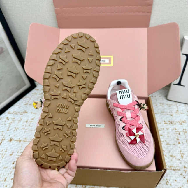MIUMIU 26S CHARM SNEAKERS IN PINK MESH AND SUEDE
