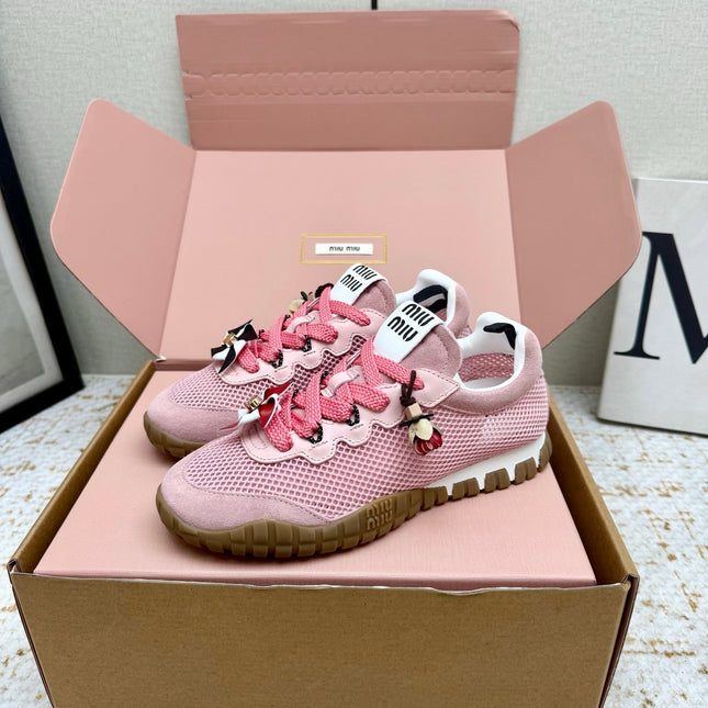 MIUMIU 26S CHARM SNEAKERS IN PINK MESH AND SUEDE