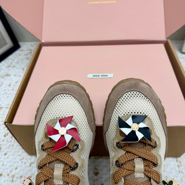 MIUMIU 26S CHARM SNEAKERS IN BROWN SUEDE AND WHITE MESH