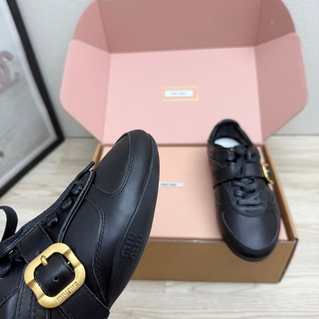 MIUMIU 26S BUCKLE SNEAKERS IN BLACK CALFSKIN WITH GOLD HARDWARE