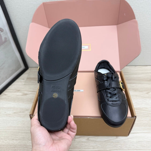 MIUMIU 26S BUCKLE SNEAKERS IN BLACK CALFSKIN WITH GOLD HARDWARE