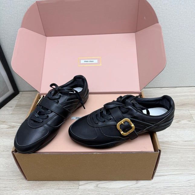 MIUMIU 26S BUCKLE SNEAKERS IN BLACK CALFSKIN WITH GOLD HARDWARE