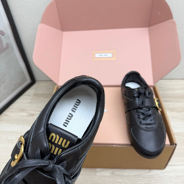 MIUMIU 26S BUCKLE SNEAKERS IN BLACK CALFSKIN WITH GOLD HARDWARE