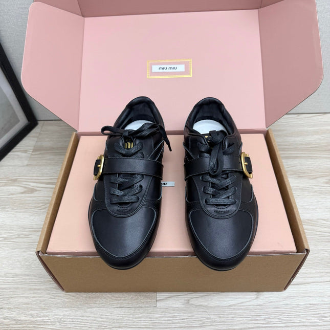 MIUMIU 26S BUCKLE SNEAKERS IN BLACK CALFSKIN WITH GOLD HARDWARE