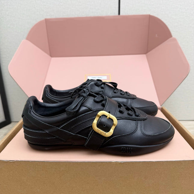 MIUMIU 26S BUCKLE SNEAKERS IN BLACK CALFSKIN WITH GOLD HARDWARE