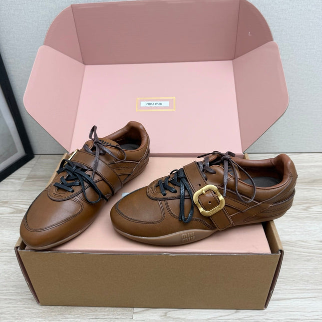 MIUMIU 26S BUCKLE SNEAKERS IN BROWN CALFSKIN WITH GOLD HARDWARE