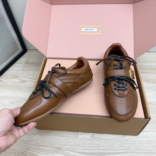 MIUMIU 26S BUCKLE SNEAKERS IN BROWN CALFSKIN WITH GOLD HARDWARE