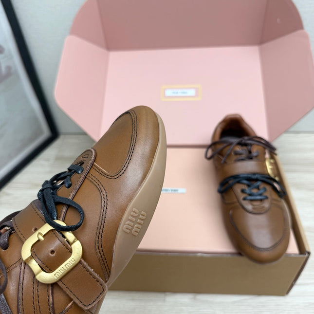 MIUMIU 26S BUCKLE SNEAKERS IN BROWN CALFSKIN WITH GOLD HARDWARE