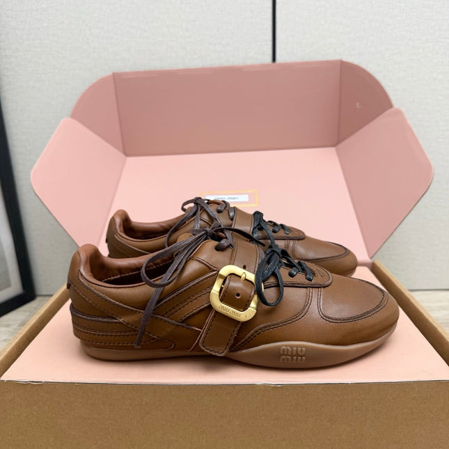 MIUMIU 26S BUCKLE SNEAKERS IN BROWN CALFSKIN WITH GOLD HARDWARE