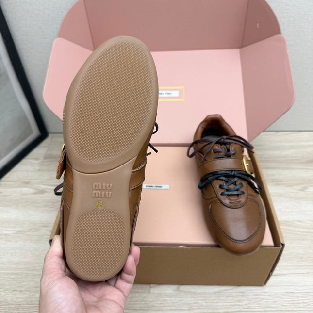 MIUMIU 26S BUCKLE SNEAKERS IN BROWN CALFSKIN WITH GOLD HARDWARE