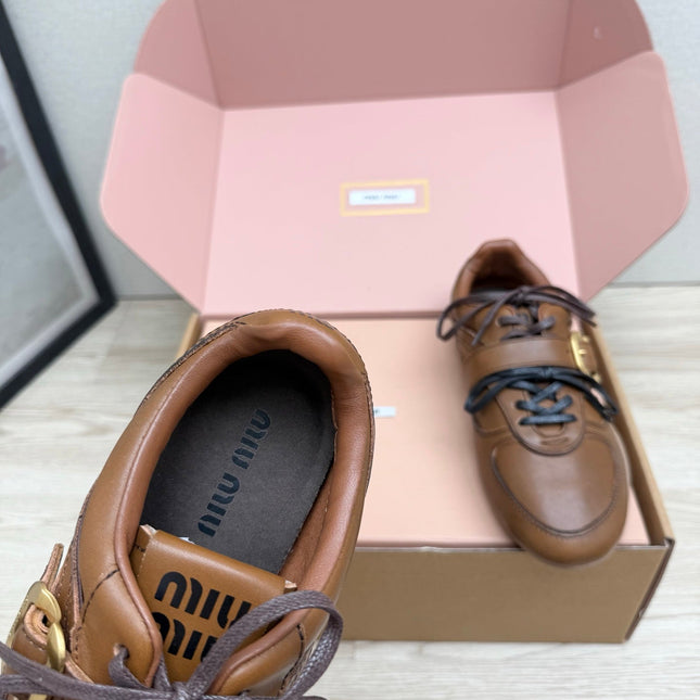 MIUMIU 26S BUCKLE SNEAKERS IN BROWN CALFSKIN WITH GOLD HARDWARE