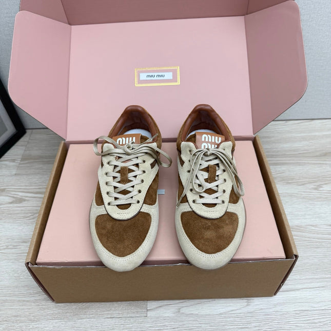 MIUMIU 26S SNEAKERS IN BEIGE MIX BROWN SUEDE