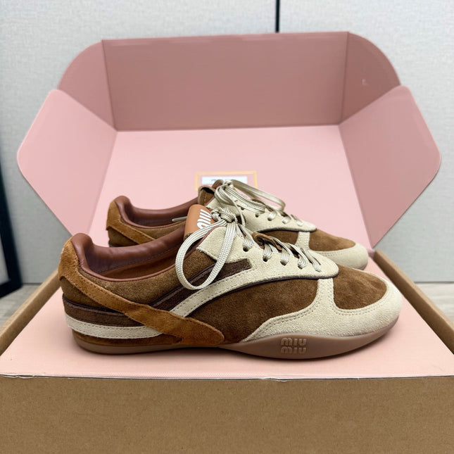MIUMIU 26S SNEAKERS IN BEIGE MIX BROWN SUEDE