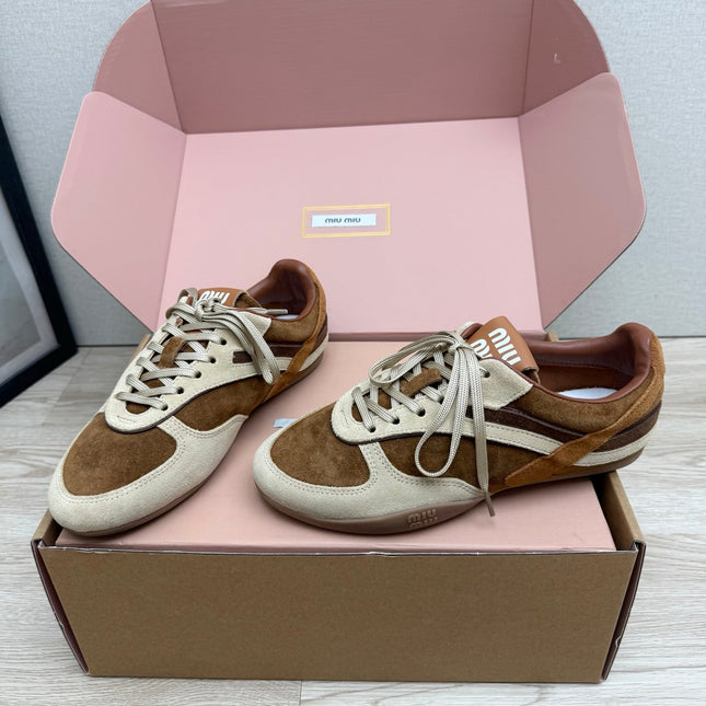 MIUMIU 26S SNEAKERS IN BEIGE MIX BROWN SUEDE