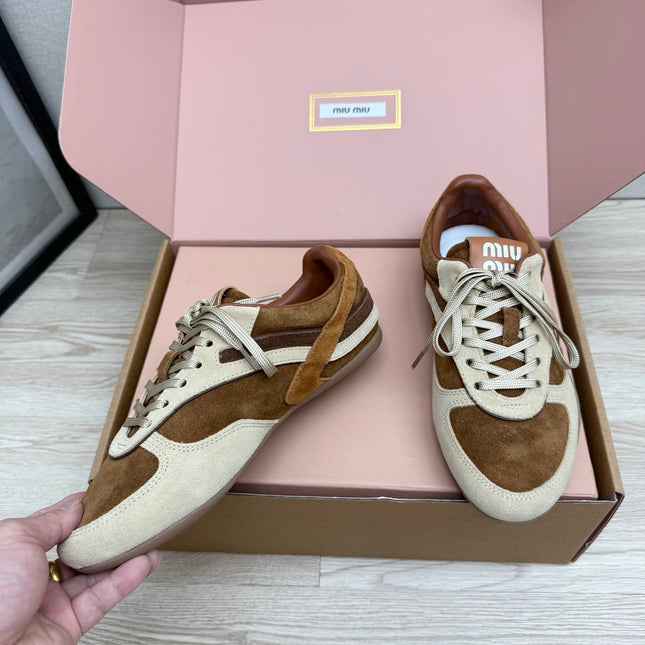 MIUMIU 26S SNEAKERS IN BEIGE MIX BROWN SUEDE
