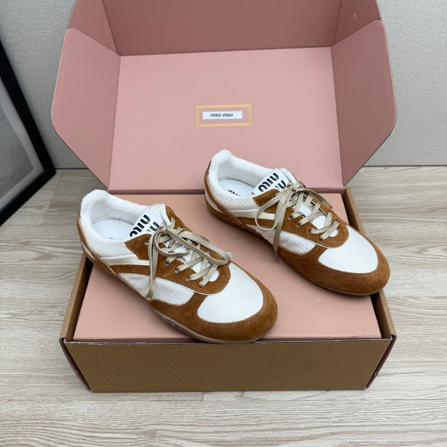MIUMIU 26S SNEAKERS IN WHITE FABRIC AND BROWN SUEDE STYLE 12