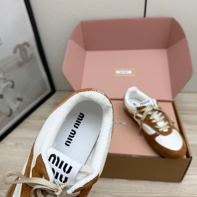 MIUMIU 26S SNEAKERS IN WHITE FABRIC AND BROWN SUEDE STYLE 12