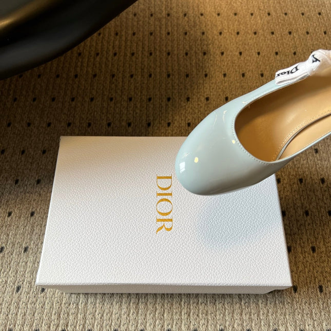 DIOR 26S HIGH HEELS 80 MM IN LIGHT BLUE PATENT CALFSKIN WITH RIBBON BOW