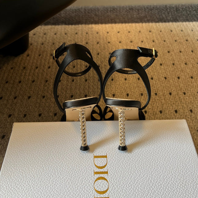 DIOR 26S CRYSTAL HIGH-HEEL SANDALS 80 MM IN BLACK LAMBSKIN AND FABRIC