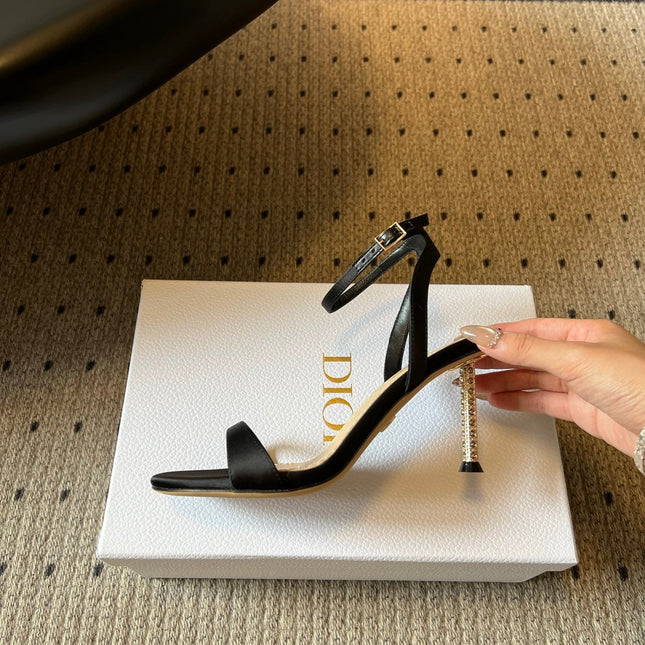 DIOR 26S CRYSTAL HIGH-HEEL SANDALS 80 MM IN BLACK LAMBSKIN AND FABRIC