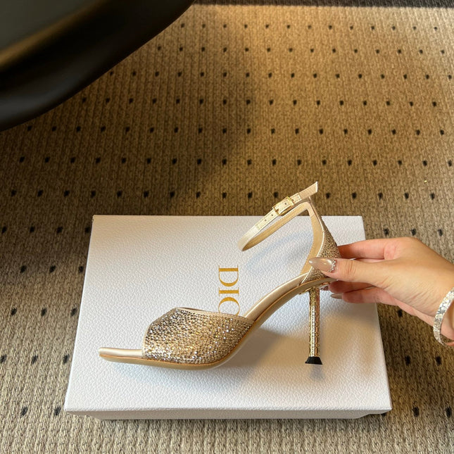 DIOR 26S HIGH-HEEL SANDALS 80 MM IN BEIGE CRYSTAL-EMBELLISHED AND LAMBSKIN