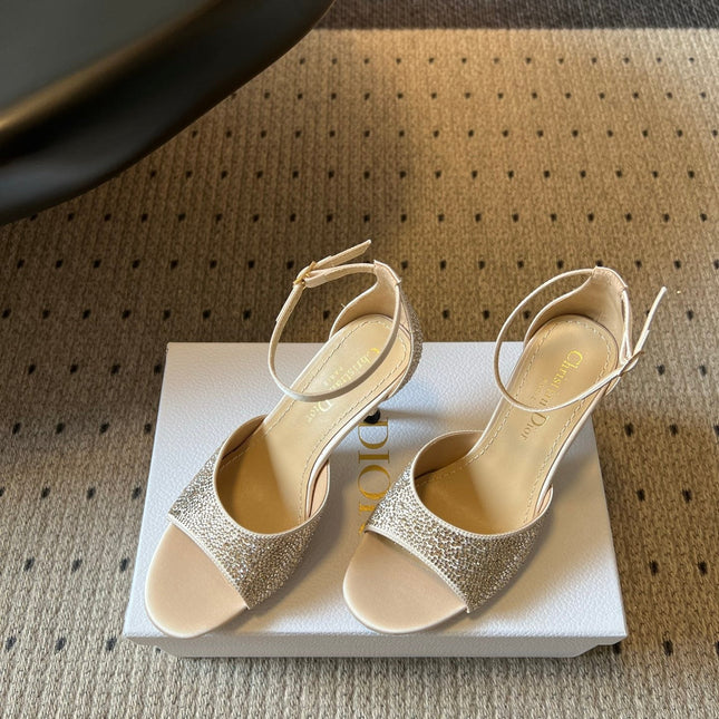 DIOR 26S HIGH-HEEL SANDALS 80 MM IN BEIGE CRYSTAL-EMBELLISHED AND LAMBSKIN